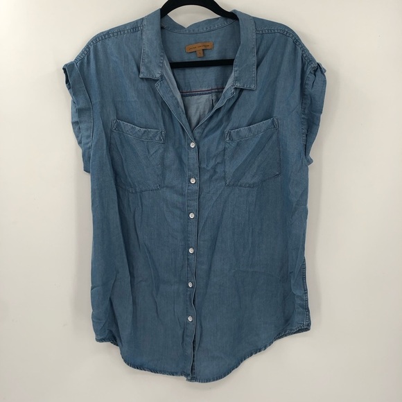 JACH'S GIRLFRIEND Quinn Chambray Denim Shirt Cap Sleeve Tencel Lyocell Women L - Picture 3 of 7